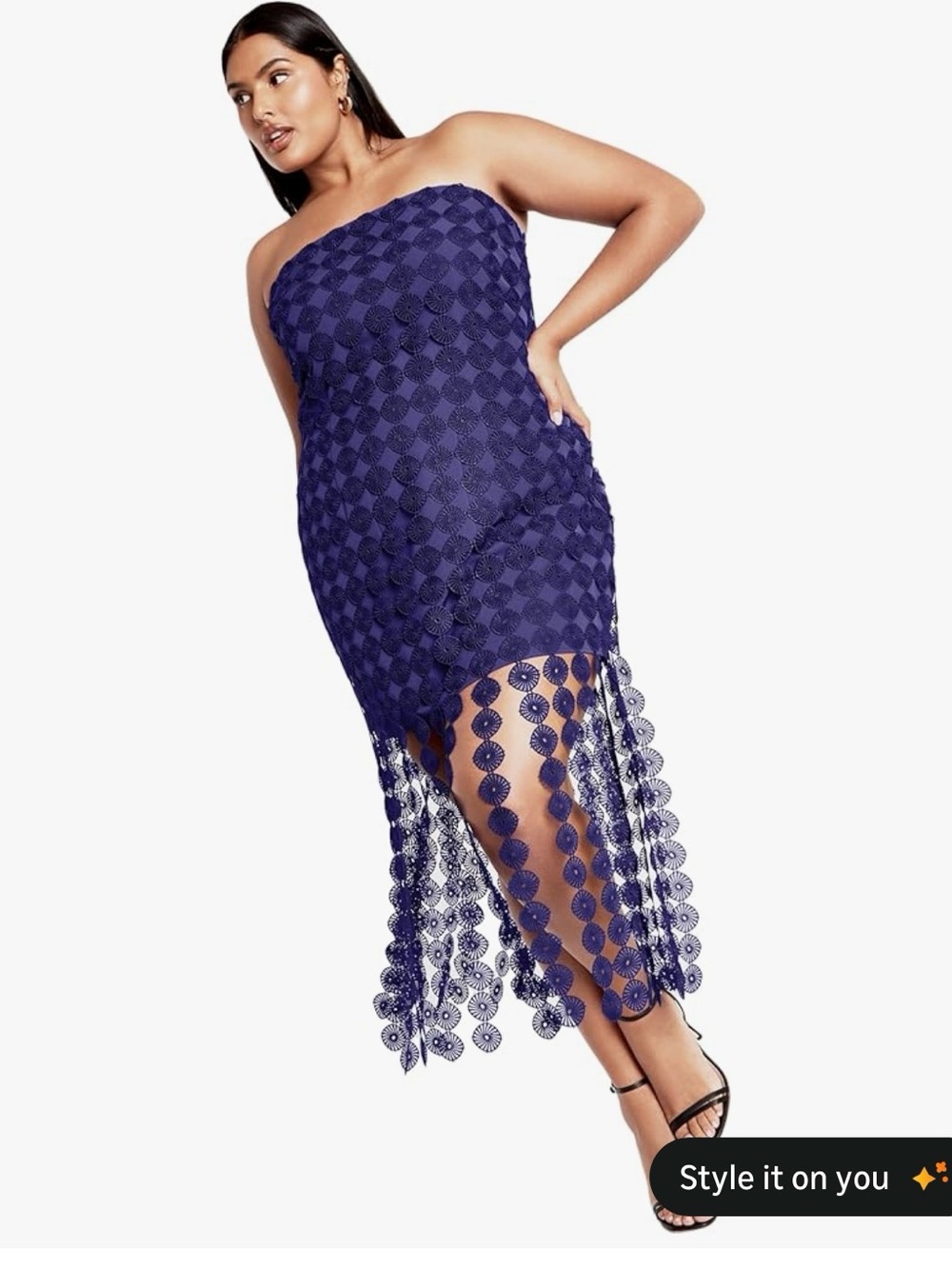 City Chic Strapless Purple Lace Midi Dress with Fringe Panels